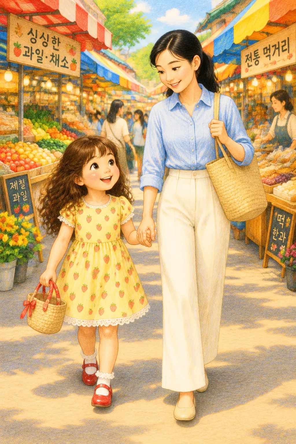 알록달록 천막이 쭉 늘어서 있어요.
나리는 눈이 동그래졌어요.
