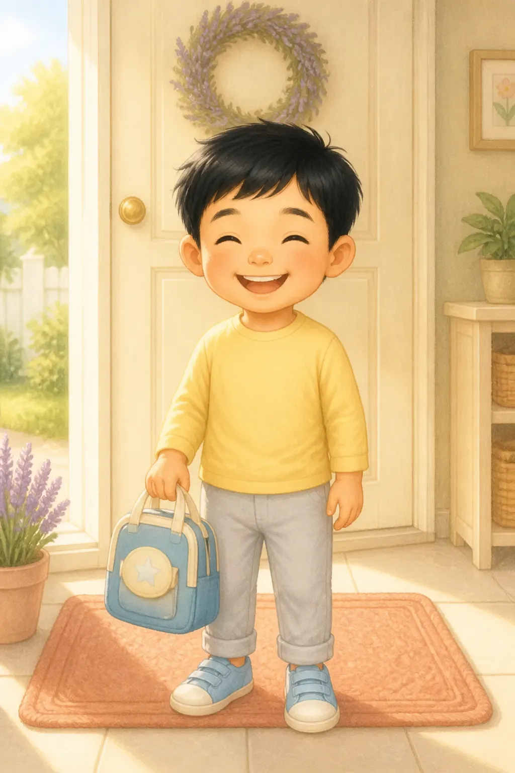 추석이 되었어요. 민우는 신이 나서 가방을 들었어요.

'할머니 댁에 가
