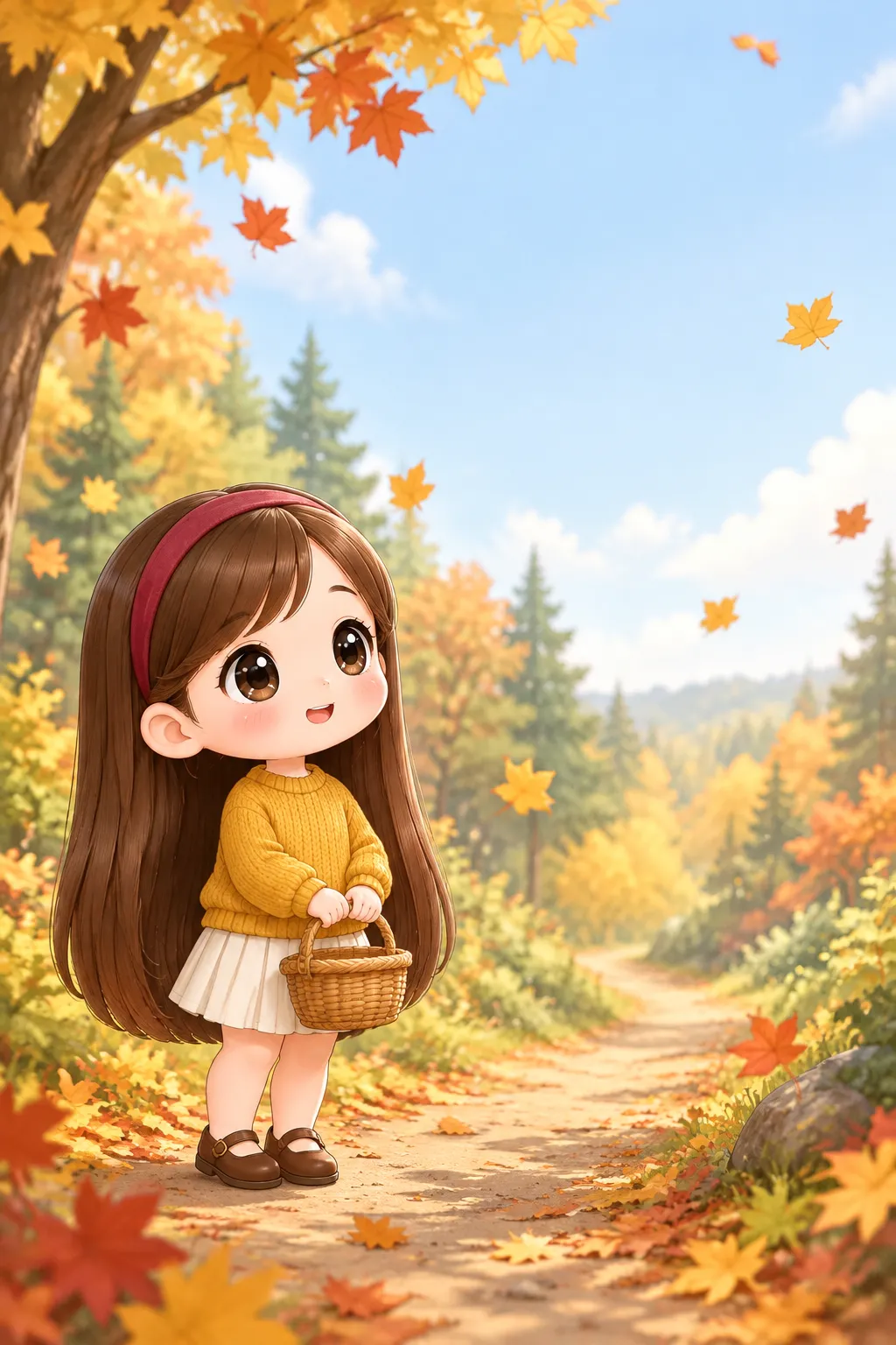 유리는 작은 바구니를 들고 가을 숲 입구에 섰어요.
“우와, 숲이 알록달