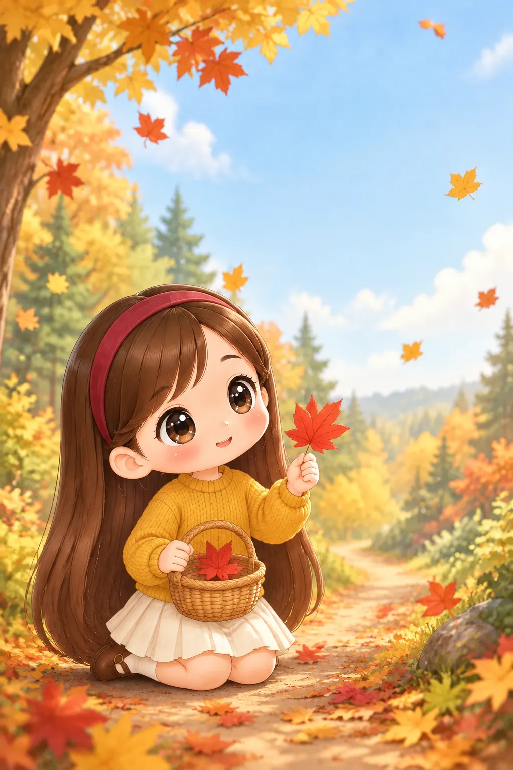 숲길에는 노랗고 빨간 단풍잎이 가득했어요. 유리는 가장 예쁜 잎 한 장을