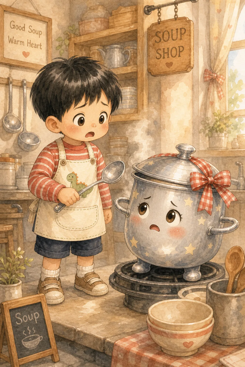 어느 날 아침, 태오는 수프를 한 숟갈 떠서 입에 넣었어요.

그런데 이