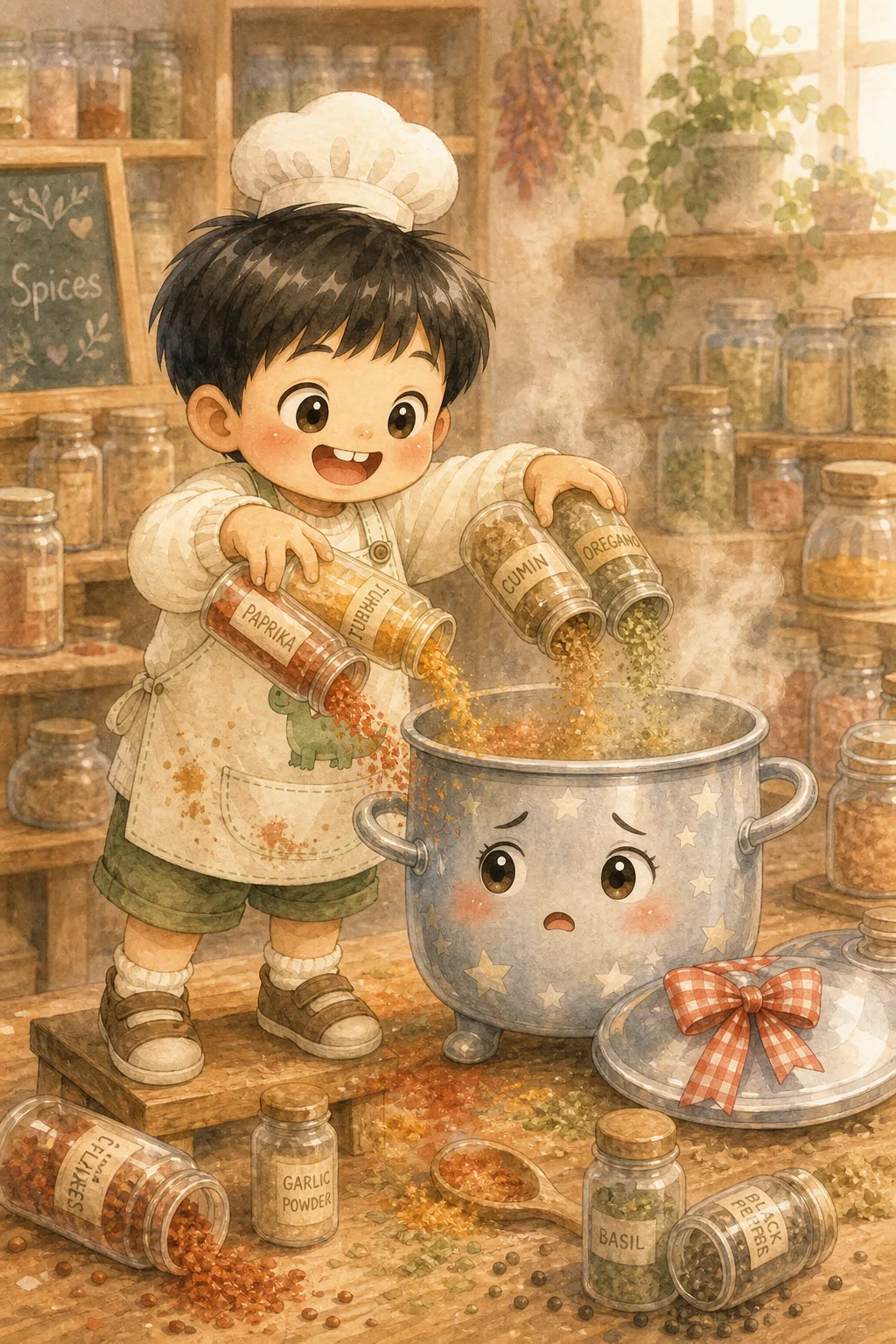 태오는 '더 강한 맛을 넣으면 맛을 느낄 수 있을 거야!'라고 생각했어요
