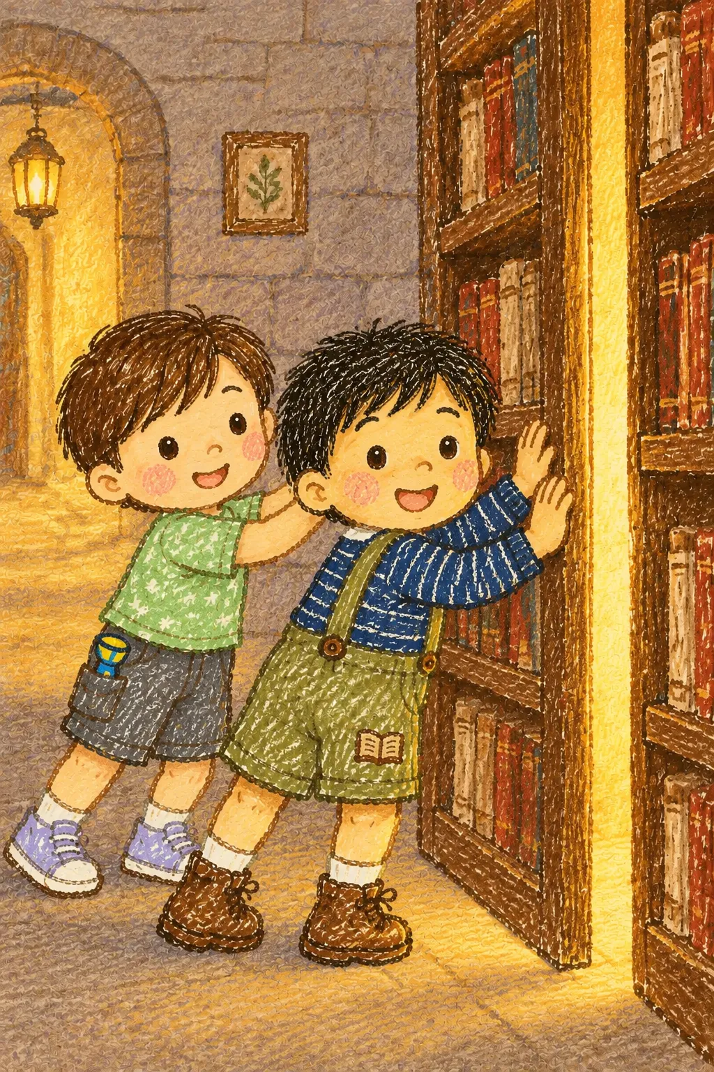 책장을 살짝 밀었어요.

끼익— 비밀 문이 열렸어요!