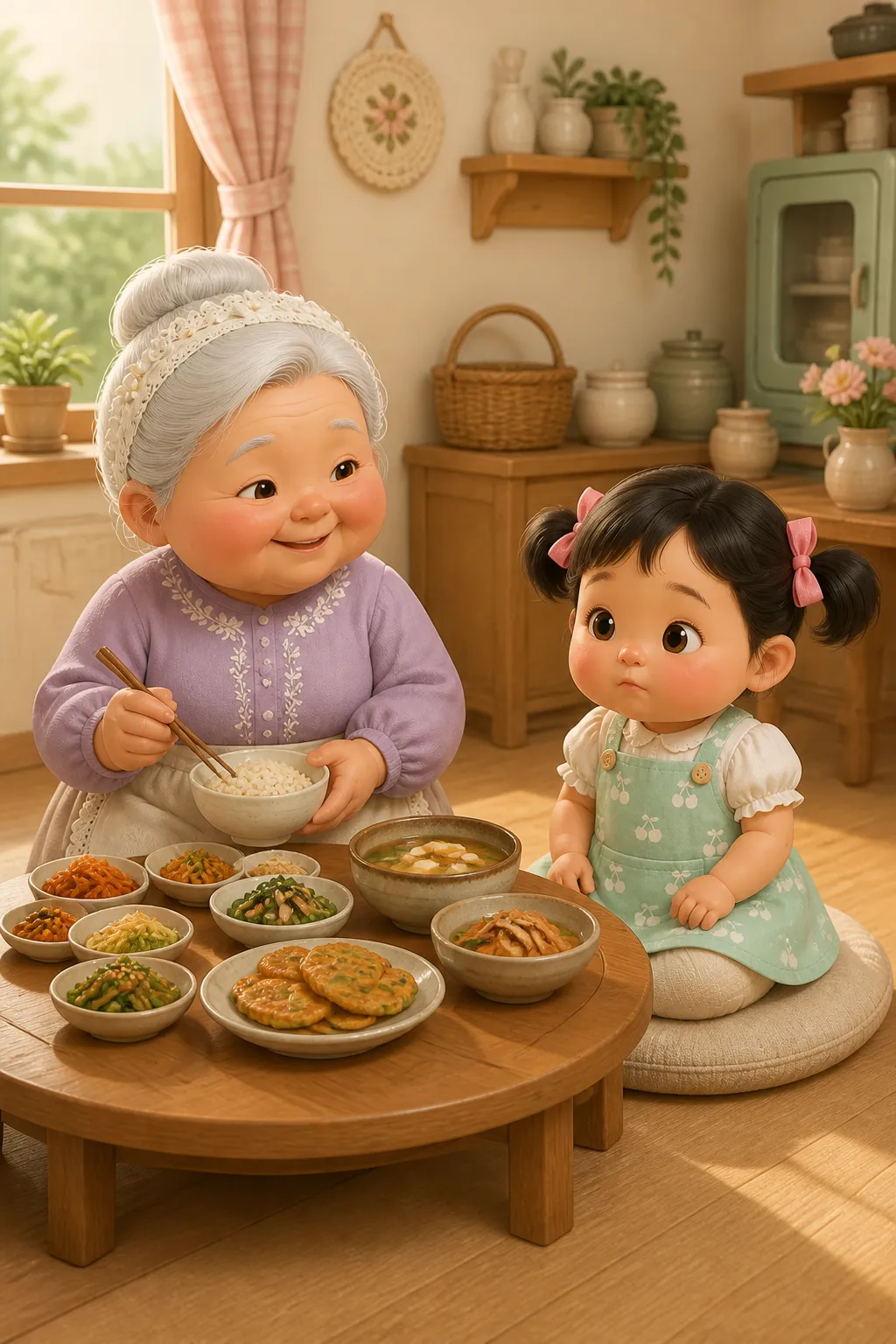 점심 밥상에 처음 보는 반찬이 가득해요.
미미는 입을 꼭 다물었어요.