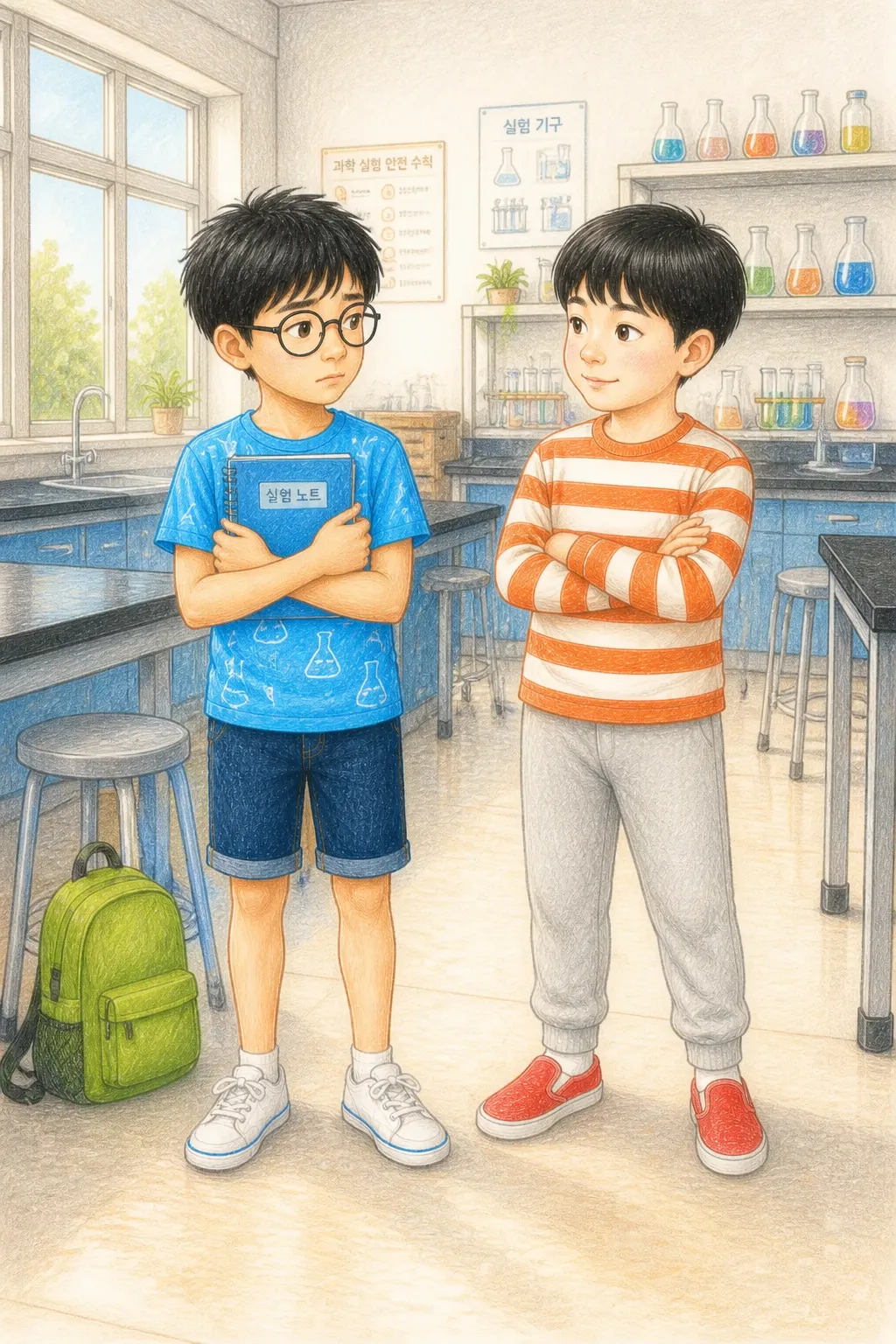 과학 시간, 아리는 실험 노트를 쥐고 과학실로 달려갔어요.
선생님이 새 