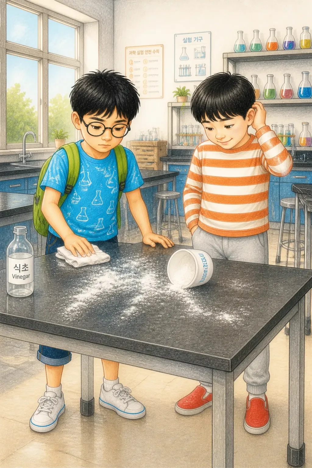 실험은 화산 만들기였어요.
아리가 조심스레 재료를 놓는 사이, 도비는 식