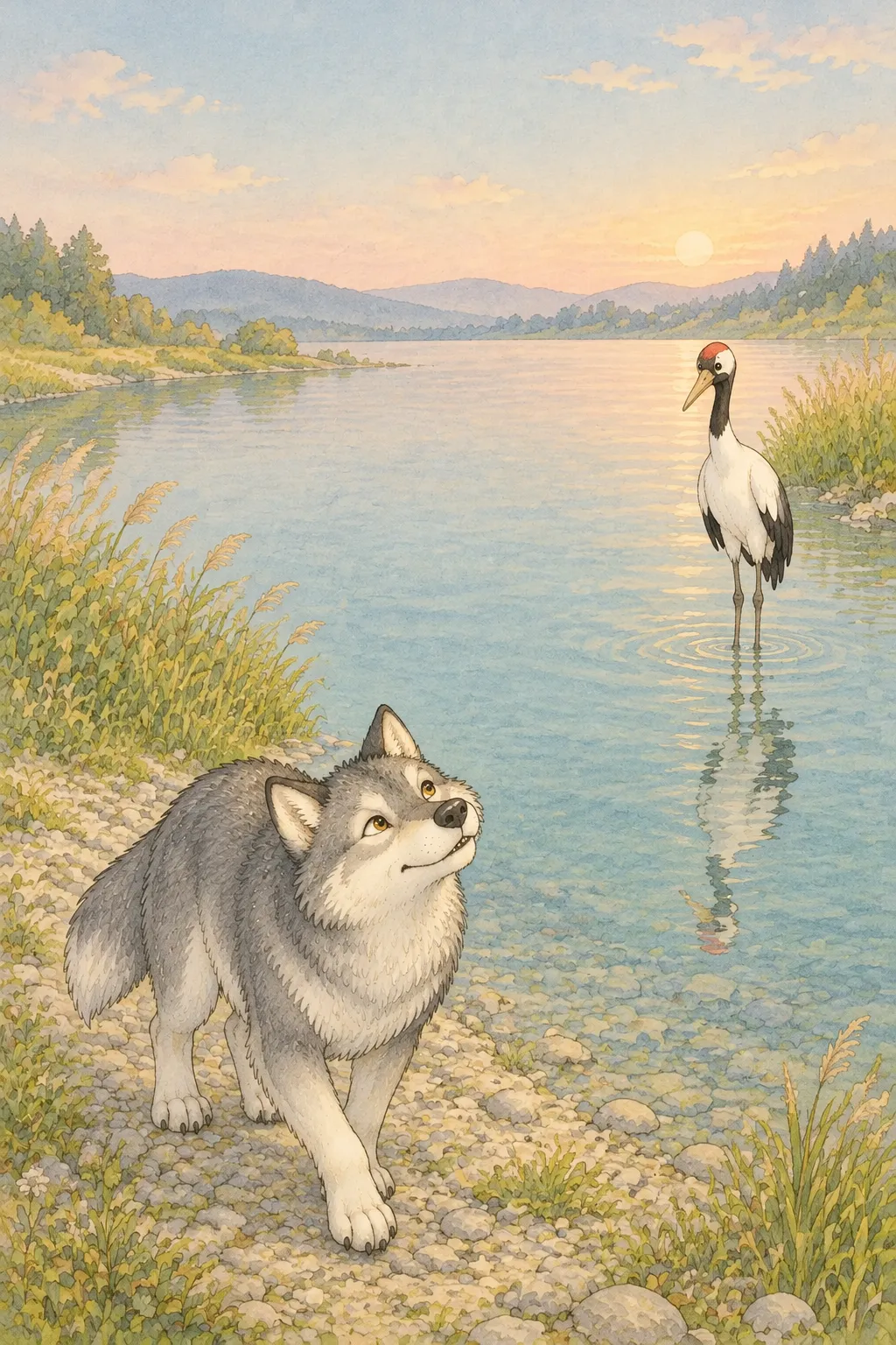 늑대는 목이 긴 동물을 떠올렸어요.
긴 부리의 두루미라면 뺄 수 있겠다