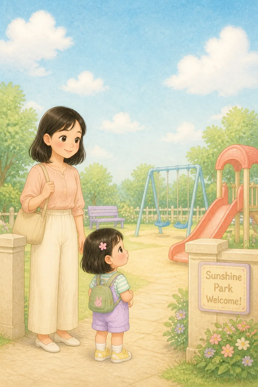 미나가 엄마와 공원에 왔어요.
미끄럼틀이 반짝반짝 빛나요!