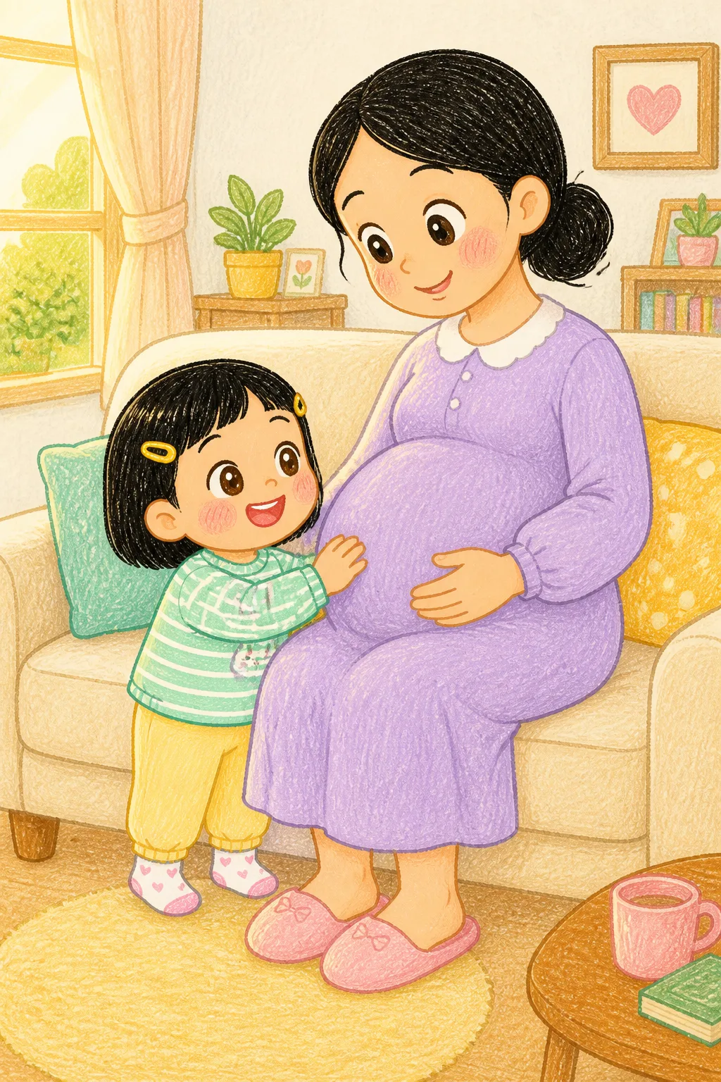엄마 배가 볼록해요.
소윤이는 엄마 배를 살짝 만졌어요.