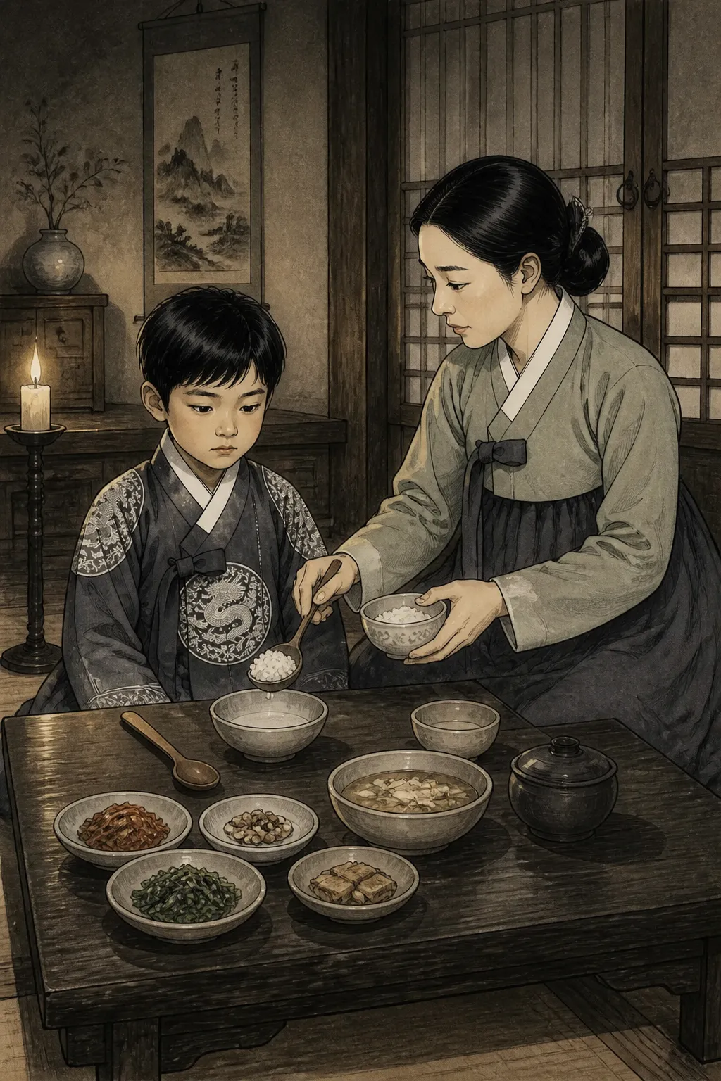 저녁 밥상이 차려졌습니다.
따뜻한 국 냄새가 방 안에 가득했지만, 아버지