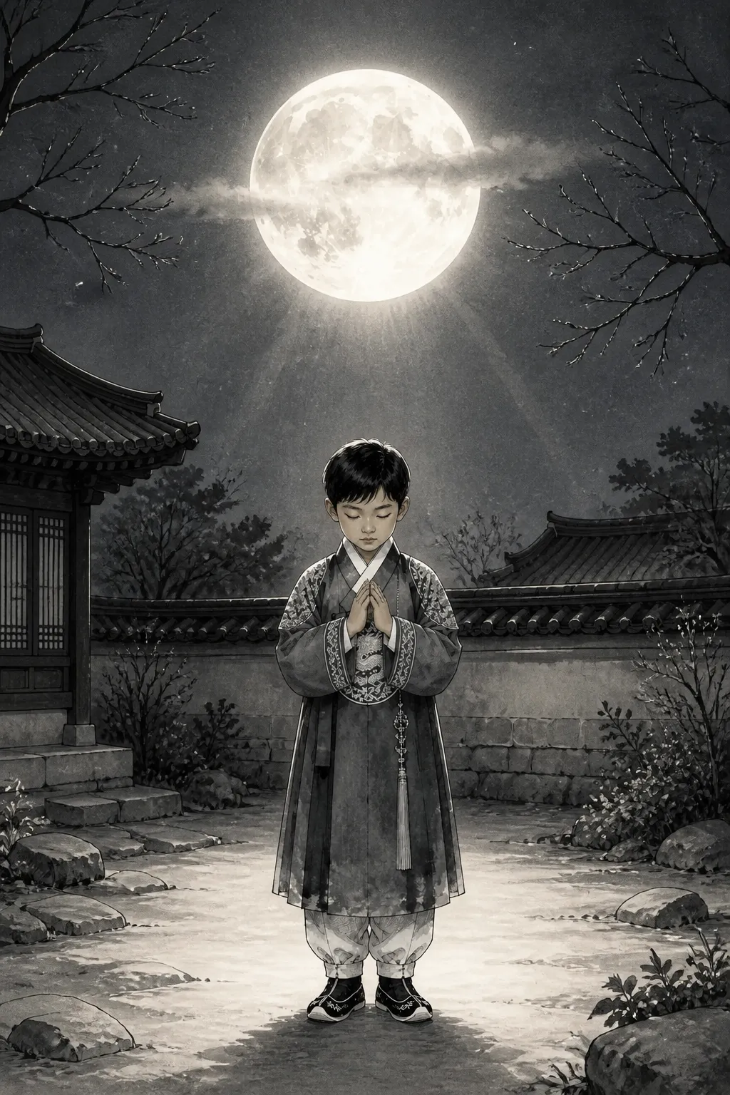 도의는 마당 한가운데 섰습니다.
두 손을 가지런히 모으고 달님을 향해 고